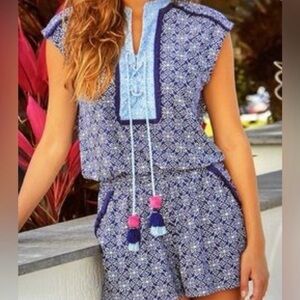 Cabana Life West Indies fringe tassel blue and white romper, size Medium